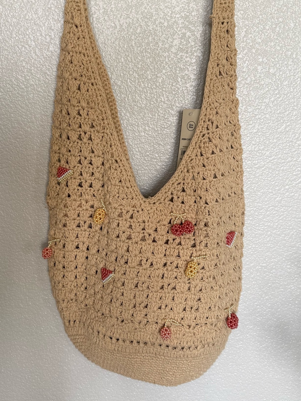 Crochet Straw Beach Bag in Beige with Colorful Summer Beaded Charm Accents